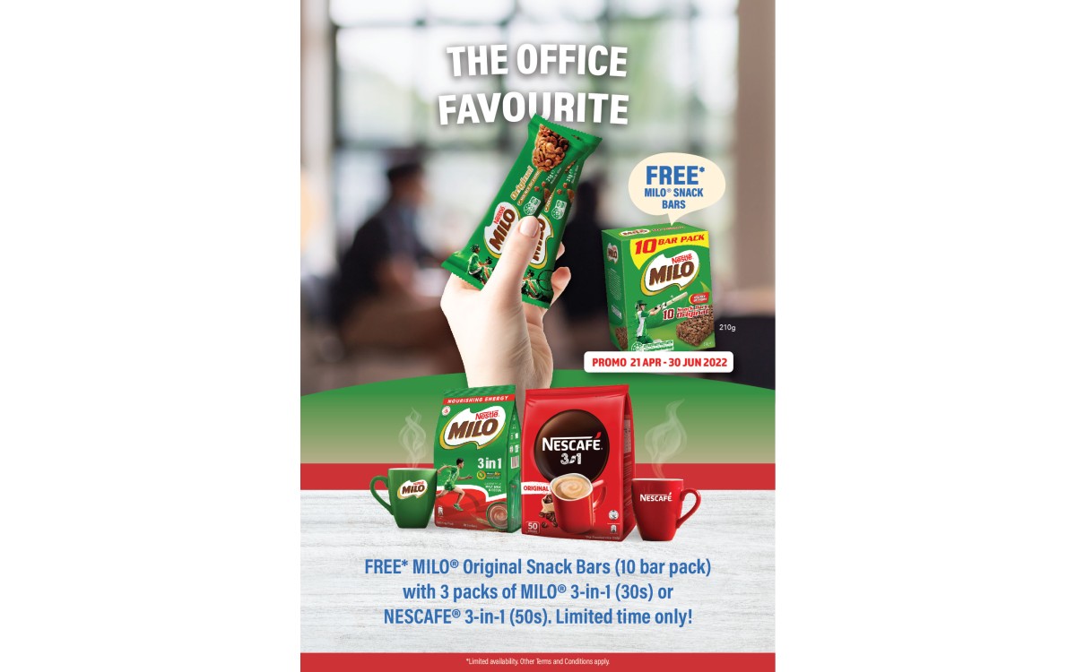 buy 3 packs Nescafe 3in1 (50s) or MILO 3in1 (30s) and Free 1 box of MILO bar